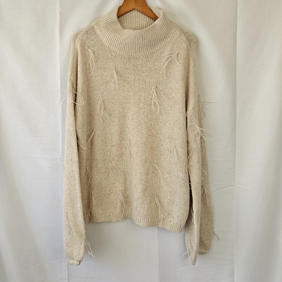 Rachel Parcell Ostrich Feathers Sweater Size M Womans Mock Neck Beige Knit - Picture 1 of 7